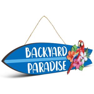 Wooden Backyard Paradise Sign Surfboard Wall Hanging Sign Wooden Hanging Decorative Art for Yard Garage Bar Tiki Wall Home Party Summer Decor Gift, 5 x 16 Inches