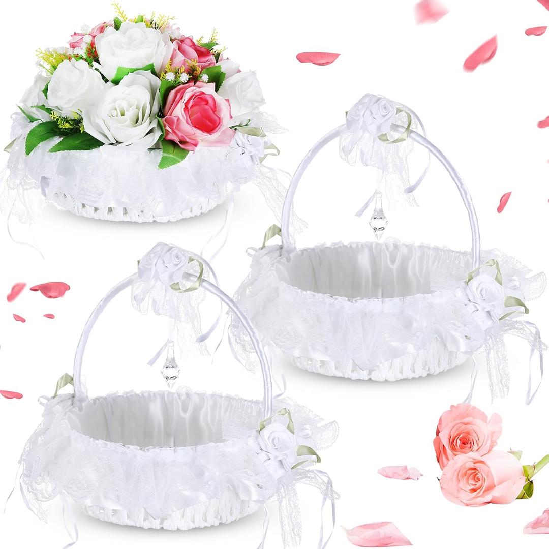 Honeydak 3 Pcs 9 Inch Wedding Flower Girl Baskets with Foldable Handle, Satin Lace Bowknot Baskets for Wedding Flower Girl (White)