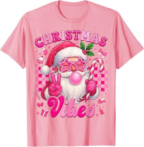 Christmas Vibes Retro Pink Santa Bubble Gum Xmas Women Girl T-Shirt M