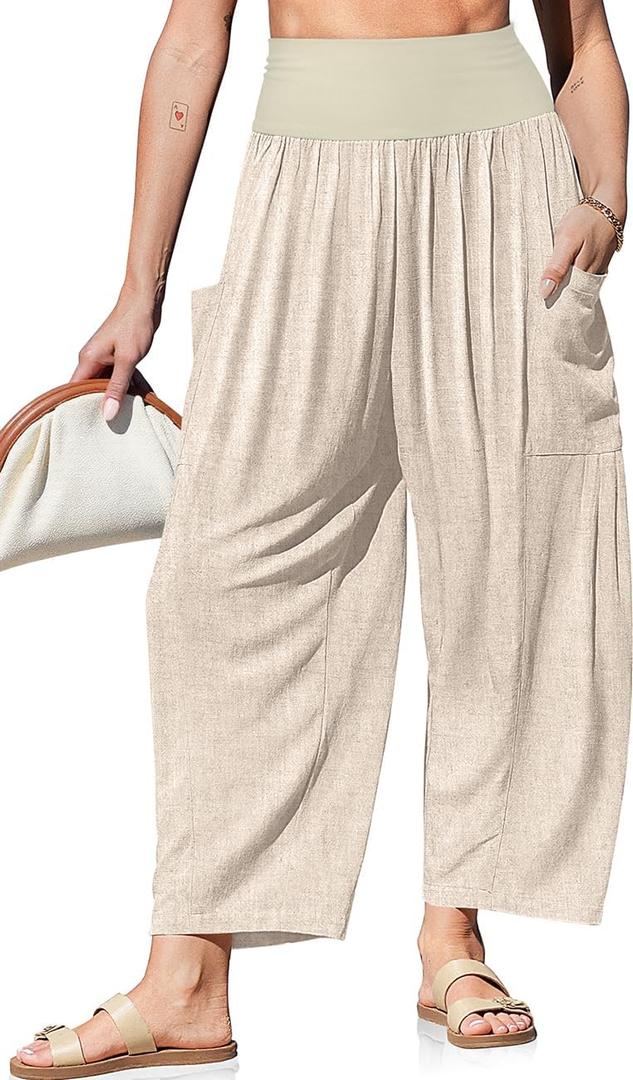 TARSE Womens Linen Wide Leg Pants Casual Loose Elastic Waist Beach Travel Vacation Palazzo Harem Pants with Pockets (Teal, L)