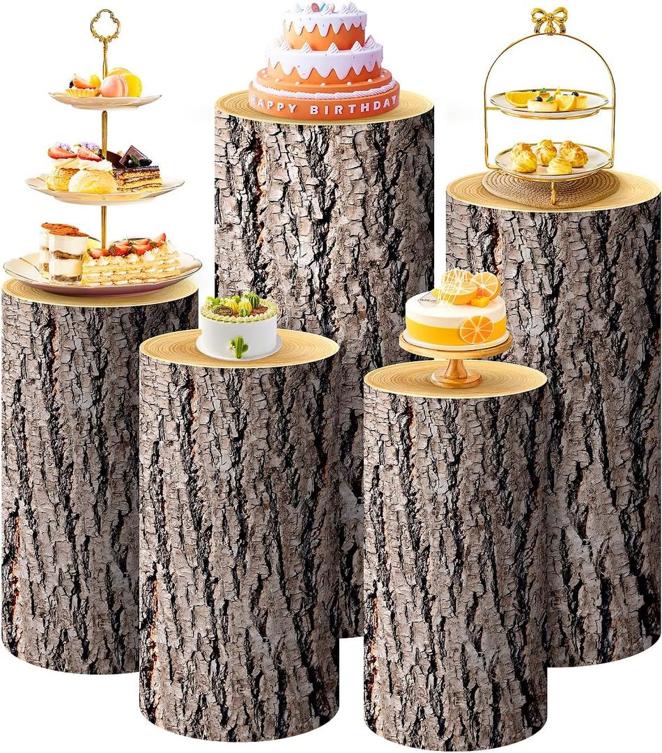 SaitiMade Set of 5 - Wood Cylinder Pedestal Stand Covers, Spandex Wooden Texture Cylinder Stand Covers for Party, Wedding or Birthday Event Decor - Only Contains Cylinder Covers