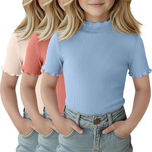 2 x 3 Pack Girls Shirts Short Sleeve Mock Turtleneck Cotton Cute Lettuce Trim Summer Tops 7-8Y Kids Clothes, (Mix Colors)
