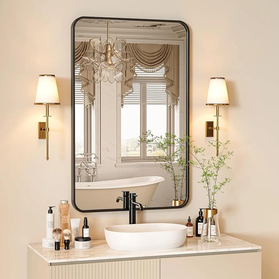 18x28 Black Rectangle Bathroom Mirrors for Over Sink, Bathroom Vanity Mirror for Wall, Black Metal Frame Rectangular Mirror for Restroom Powder Room Toilet, Shatterproof, Tempered Glass