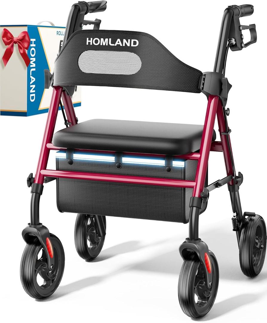 HOMLAND Foldable Rollator Walkers with Seat for Seniors, 8'' Big Wheels, 350 lb. Weight Capacity, Adjustable Handles and Seat Height, Lightweight Rolling Walker, Red