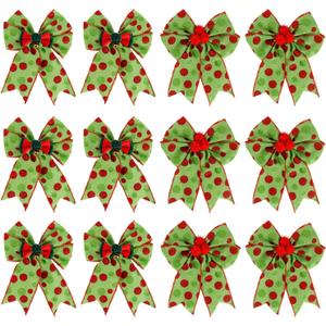 12 Pcs Green Polka Dot Christmas Bows, 5 Inch Red Green Dots Bow for Christmas Tree Topper, Ornaments for Tree Home Coquette Room Birthday Party Front Door Wedding Holiday Decor
