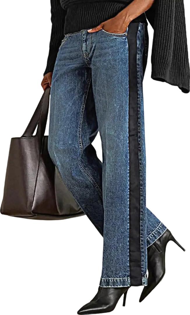 Huang's Women's High-Rise Wide Leg Jeans with Side Stripe, Medium Wash Denim, Black Stripe Detail