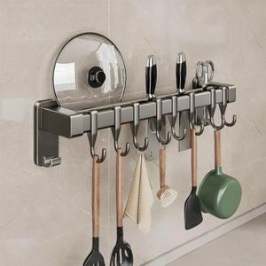 Wall Mount Kitchen Utensil Rail with Hooks, Adhesive No Drill Kitchen Pot Pan Rack, No Screws Self Adhesive Utensil Hanger for Tile Wall, Magnetic Knife Holder Kitchen Storage Organizer