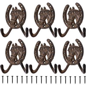 Peohud 6 Pack Cast Iron Coat Hooks, Rustic Double Wall Hooks, Horse Head Horseshoe Hook, Wall Mounted Farmhouse Coat Hangers for Towels, Hats, Keys, Bags, Caps