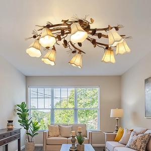 Skyblaze Classic Bird Semi Flush Mount Ceiling Light, Branches Ceiling Light with Fabric Linen Shade, Farmhouse Pine Cones Ceiling Lamp for Dining Room, Kitchen, Living Room (8 Lights)