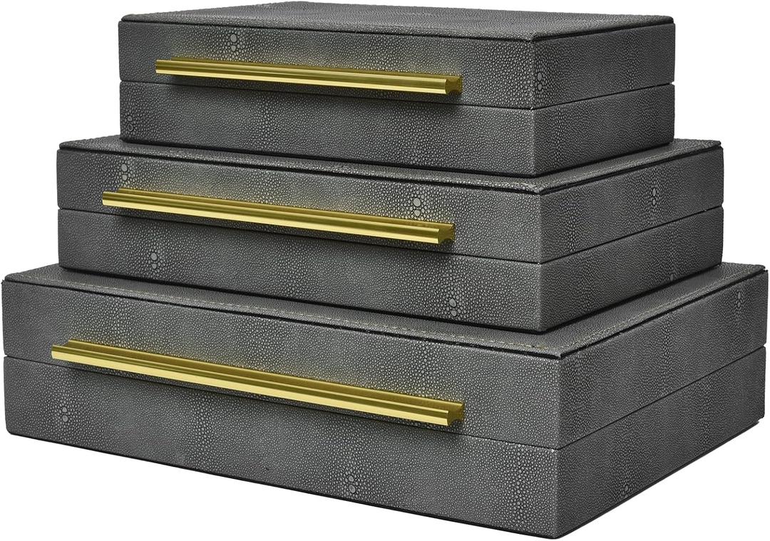 Faux Shagreen Leather Jewelry Storage Boxes Set of 3 with Gold Handles, Velvet Lined Stackable Organizer for Women, Vanity, Dresser, Gift, Grey