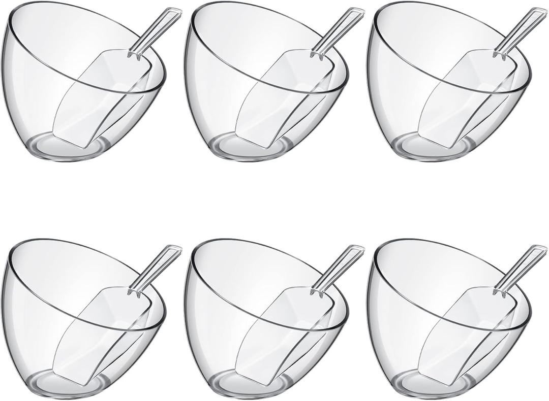 Hoolerry 12 Pcs Serving Bowls Kit Include Clear Plastic Bowls for Parties and Popcorn Measuring Scoops Acrylic Plastic Kitchen Angled Candy Scoops for Office Canister Salad Cooking (25 oz)