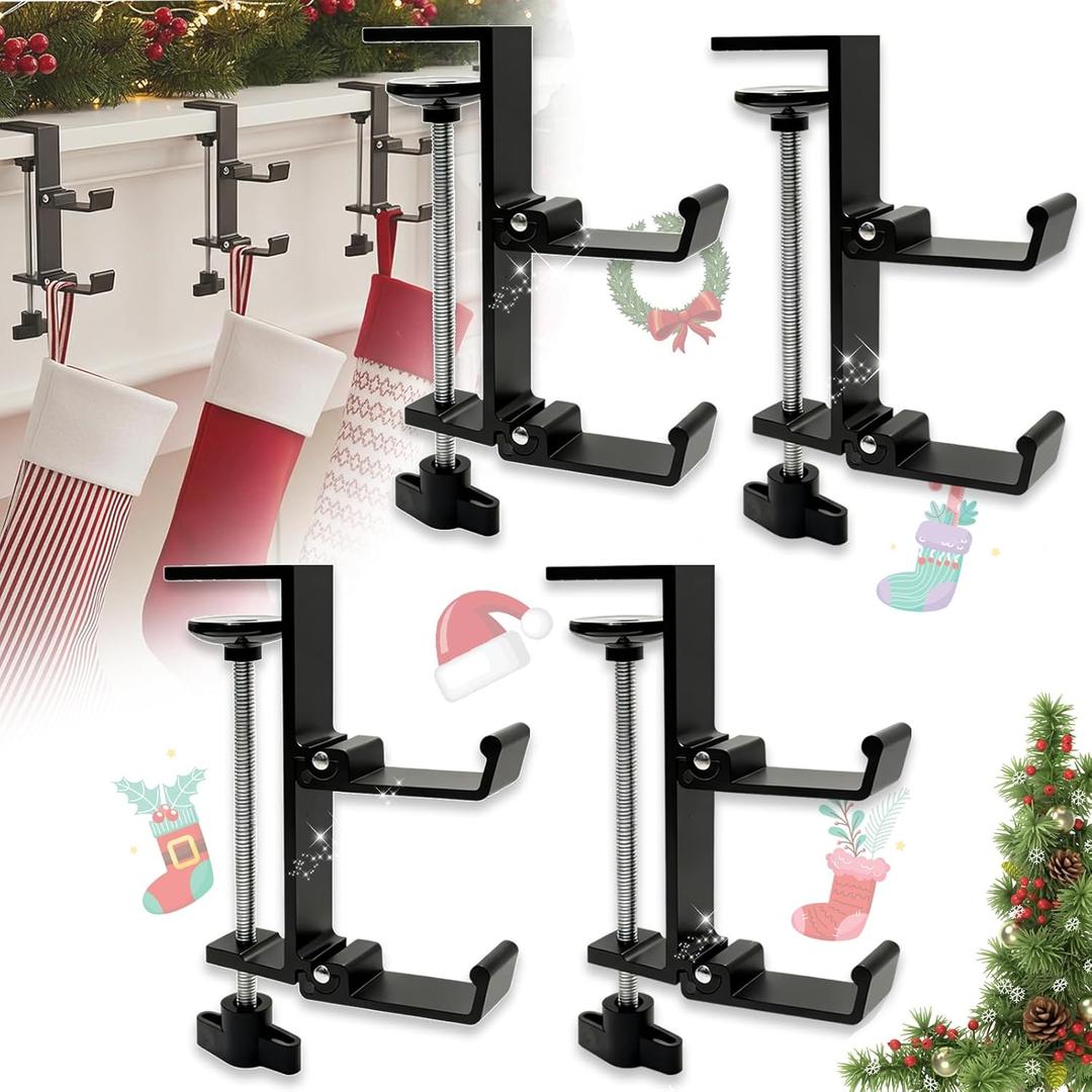 TGLIFEVER Christmas Garland and Stocking Hangers for Mantle, Adjustable 2 in 1 Mantel Stocking Holders with Foldable Double Hooks, Heavy Duty No Drill Fireplace Garland Hooks for Xmas Home Decoration (A-Black-2 Packs)