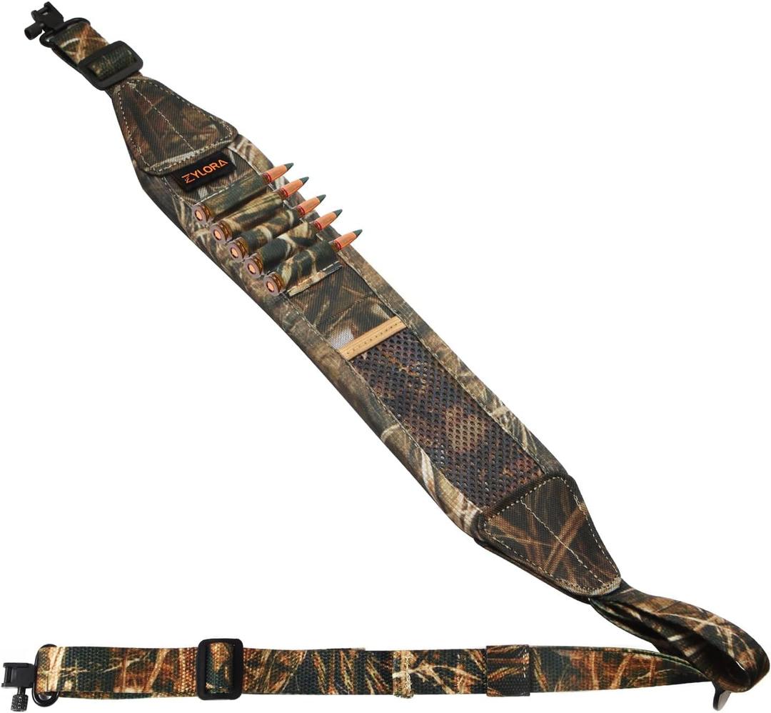 ZYLORA Rifle Sling with Shell Holders, Gun Sling with Swivels and Ammo Holder, Adjustable Rifle Sling with Storage Pocket and Thumb Loop, Rifle Accessories Hunting and Shooting (Camo)