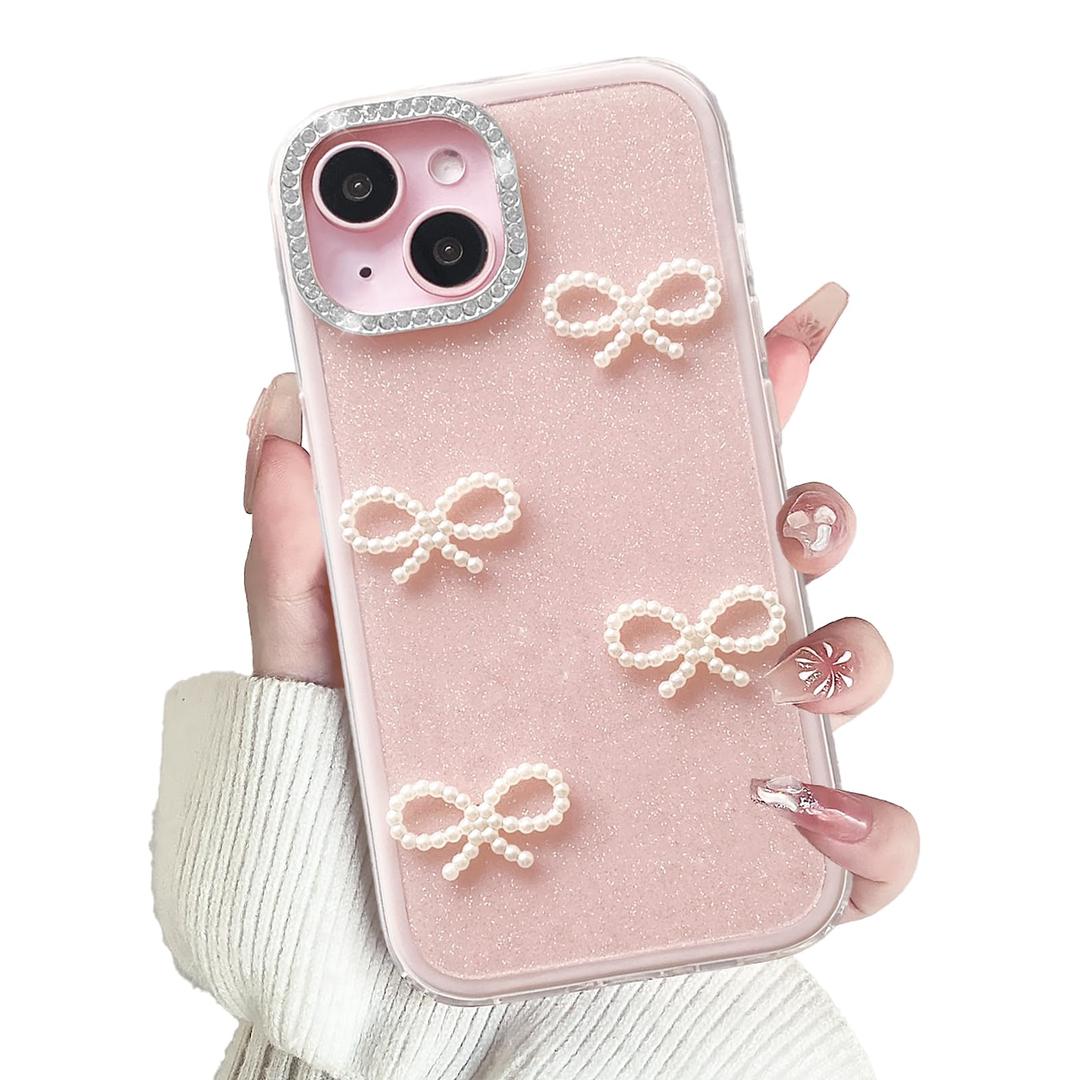 Lovmooful for iPhone 15 Case Cute Glitter Bowknot-Pink Diamond