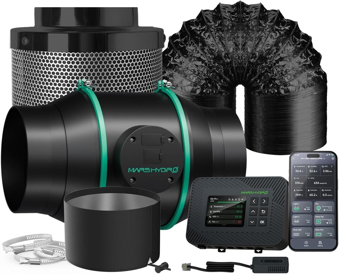 MARS HYDRO 6 inch Grow Tent Ventilation System Kit, Inline Duct Fan with iControl Temperature & Humidity Controller, App Remote Control, Carbon Filter Combo +25Ft Ducting,Air Filtration Kit, 6 inch/Temp CNTLR Kit