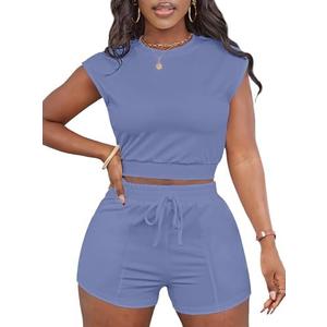 LovelyWholesale Short Sets for Women 2 Piece Summer Sets Cap Sleeve Crop Tops and Shorts Tracksuits Sets Large, Blue  LovelyWholesale Short Sets for Women 2 Piece Summer Sets Cap Sleeve Crop Tops and Shorts Tracksuits Sets Large, Blue