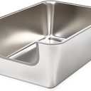 Stainless Steel Cat Litter Box, Jumbo XL Extra Large Mental Cat Litter Pan with High Sides Lid, Low Entry for Indoor Big Cats, Non Sticky, Easy to Clean, Anti-Urine Leakage