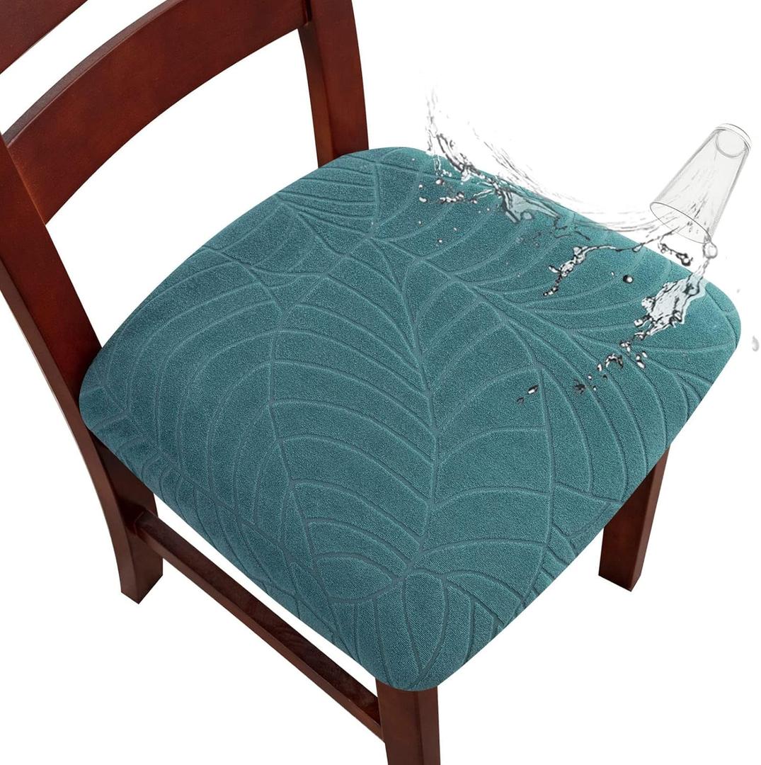 Genina Waterproof Seat Covers for Dining Room Chairs, Stretch Chair Covers Removable Washable Dinning Room Kitchen Chair Seat Cushion Slipcovers (Leaves-Peacock Blue, 6 PCS)