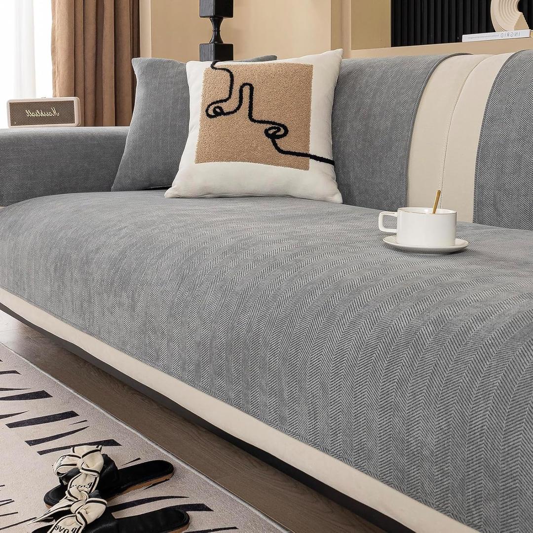 Chenille Sofa Couch Cover, Herringbone Sofa Covers Washable for Dogs, Funny Fuzz Couch Slipcover for Sectional Sofa, Non Slip Protector for L Shaped(Grey, 36"x 83")