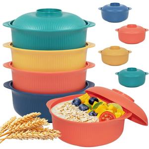 4pcs Unbreakable Cereal Bowls- Microwave & Dishwasher Safe BPA-Free Plastic Striped Pot Bowls for Family, Kids, Camping - Non-Slip, Eco Wheat Straw Soup Bowls (40oz)