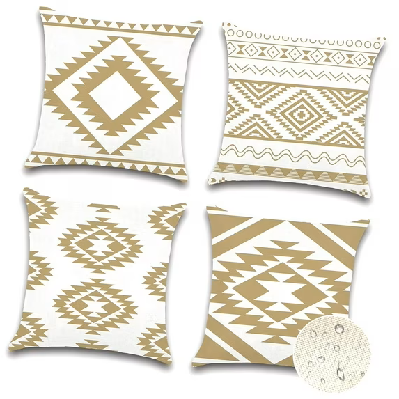 OTOSTAR Outdoor Waterproof Throw Pillow Covers 18x18 Inch Set of 4 Boho Farmhouse Outdoor Cushion Covers for Patio Furniture Garden (Geometry80Khaki)