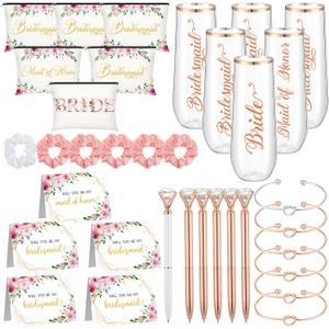 HyDren 35 Pcs Bridesmaid Proposal Gifts Maid of Honor Gift Include Champagne Flutes Makeup Bags Invited Cards Hair Scrunchies Bracelets Diamond Pens for Wedding Bachelorette, Cute Style, Pink 