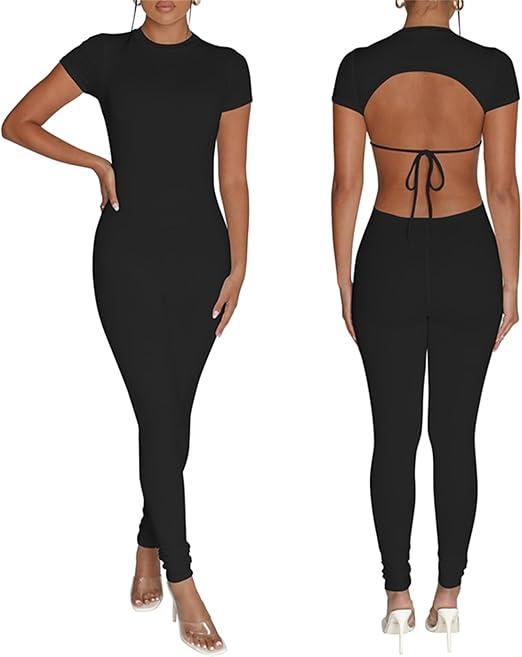 Bodycon Jumpsuits for Women Sexy Backless Short Sleeve High Waisted One Piece Outfits Skinny Catsuits (Small, Black)