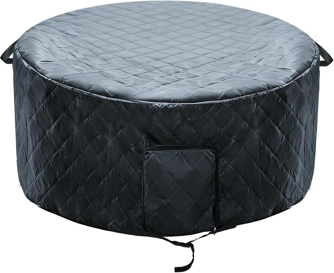 Insulated Inflatable Hot Tub Cover Round Full Coverage Hot Tub Thermal Cover Cap Dustproof Outdoor Energy Saving Spa Covers with Zipper Door and Adjustable Strap for Keeping Warm (Black, 73"D x 28"H)