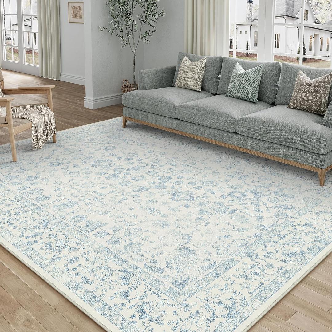 PureCozy 5x7 Blue Area Rug Non Slip Vintage Living Room Distressed Machine Washable Carpet Traditional Indoor Bedroom Blue Retro Floral Accent Throw Rug for Office Kitchen Dorm Dining Room