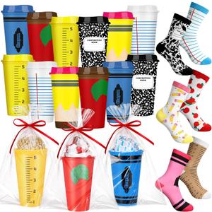 Yungyan 12 Set Teacher Appreciation Gifts Bulk Teacher Reusable Plastic Coffee Cup and Novelty Teachers Socks Thank You Gifts for Teachers Employee Team Coworker Staff Office Supplies(16 oz)