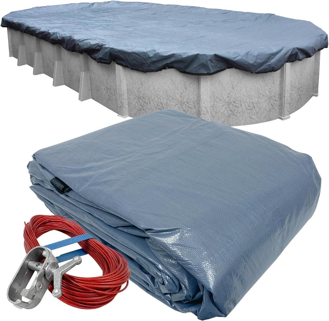 Robelle 18 x 33 ft Commercial Premier Oval Cover for Above Ground Pools | Blue Pool Cover, 4 ft Overlap (22 x 37ft Cover Size), Solid 12 x 12 Scrim, 3.7 oz/yd2, 18-Year, Style: 341833-4A