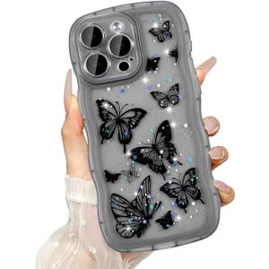 UEEBAI Wave Butterfly Case for iPhone 16 Pro Max Case, Pretty Bling Star Butterfly for Women Cute Shiny Glitter Phone Cover for Girls Bling Clear Cover Curly Shockproof Girly Shell - Black