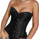 SOLY HUX Women's Lace up Strapless Overbust Corset Bustier Top Lingerie Push up Bodyshaper with Thongs 2 Piece (Medium, Pure Black)