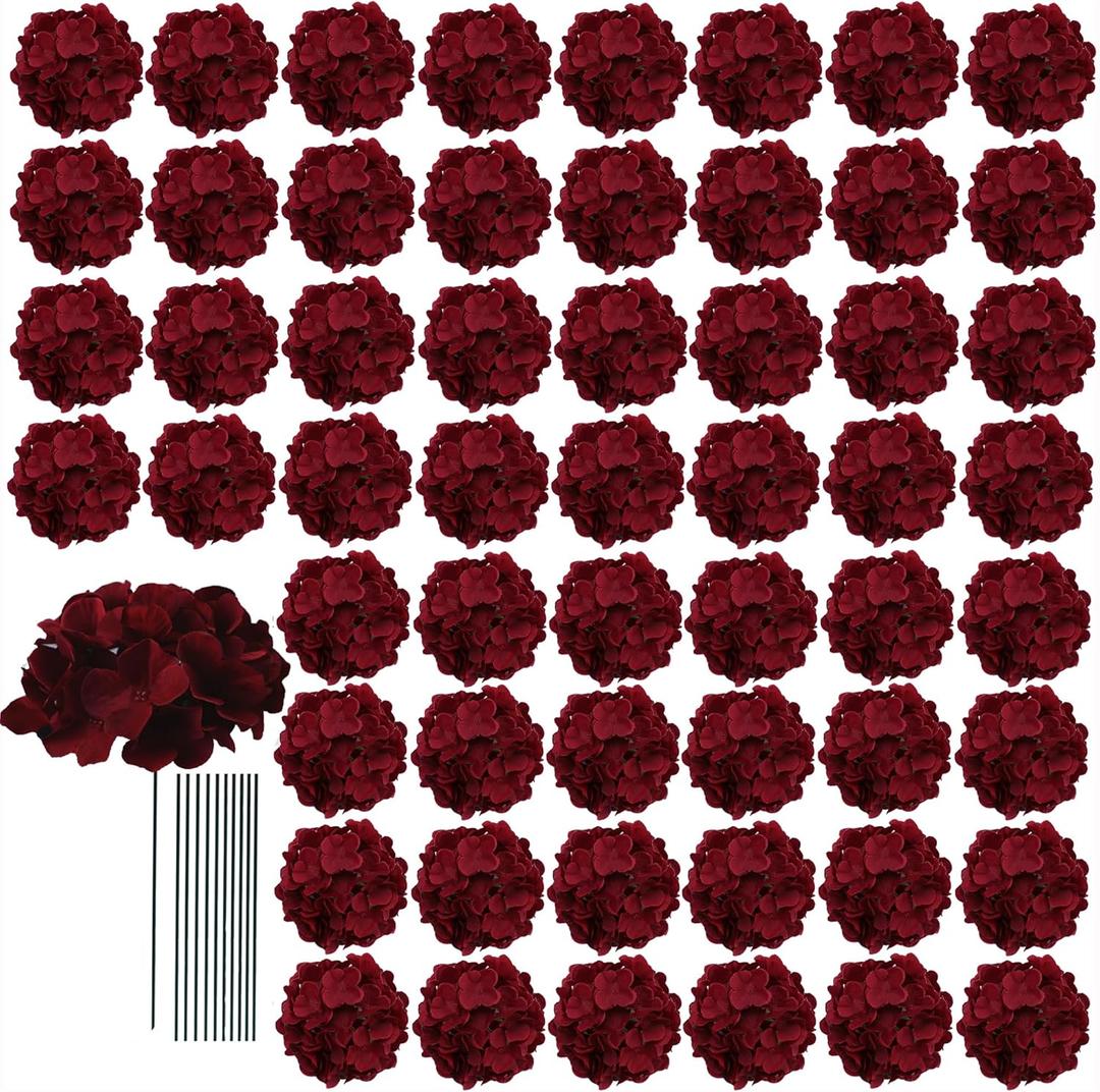 AVIVIHO 65Pcs Fake Flowers Burgundy Hydrangea Artificial Flowers Bulk (Not Squished, No Steaming Need) Silk Flowers with Stems for Wedding Decor,Home,Baby Shower,Table Centerpieces Decoration (Medium)