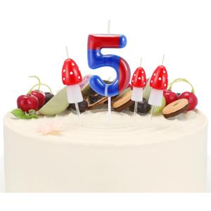 4 Pcs Blue Red 5th Birthday Candles, Number 5 with Mushroom Candle Cake Topper Decorations Cupcake Decorations for Cartoon Game Themed Party, Birthday Party