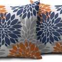 Navy Blue Orange Pillow Covers 18x18 Set of 2 Fall Colored Grey Gray Dahlia Flower Outdoor Decorative Throw Pillows Autumn Themed Farmhouse Pillowcases Linen Cushion Case Decor for Sofa Couch Bed