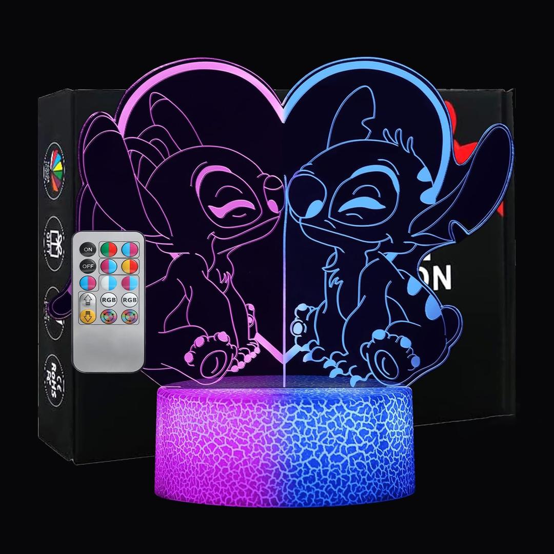 Stitch Night Light for kids: Two-Color Lighting Effects, 32 Changing 3D Illusion LED Lamp with Remote & Touch Control,Stitch Gifts for Girls,Boys,Cute Bedroom Decor for Birthday Christmas Party