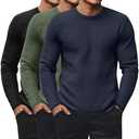 Ficerd 3 Pack Men's Waffle Long Sleeve Shirts, Crew Neck Thermal Underwear Tops Casual Pullover Sweaters Knit Undershirts.XL