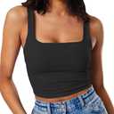 Artfish Women's Sleeveless Strappy Tank Square Neck Double Layer Workout Fitness Casual Basic Crop Tops (Black)