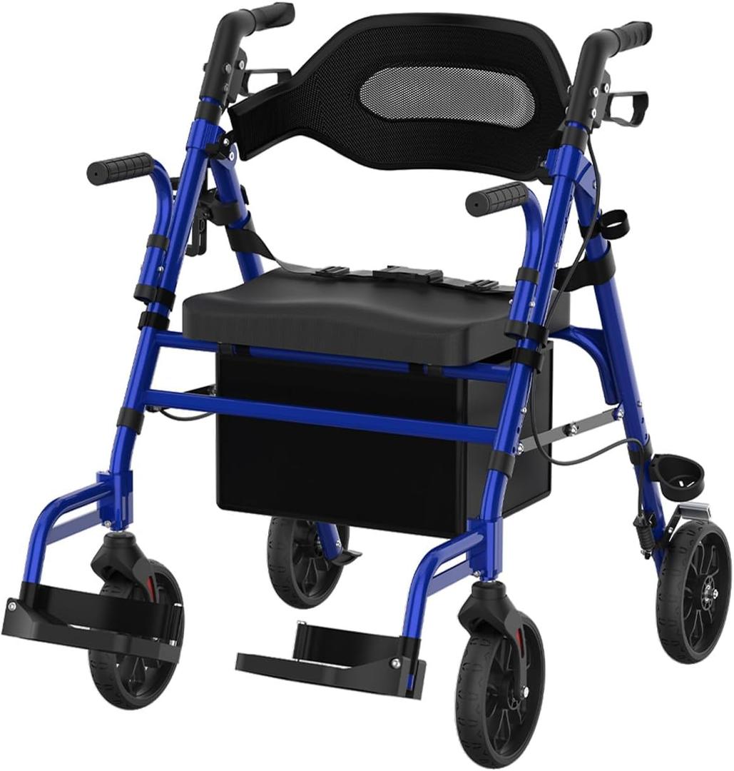 Walkers for Seniors with Seat, Extra Wide 2 in 1 Rollator Walker & Transport Chair with Reversible Backrest & Detachable Footrests, Foldable Wheelchair Combo with 8" Anti-Slip PU Wheels, Blue