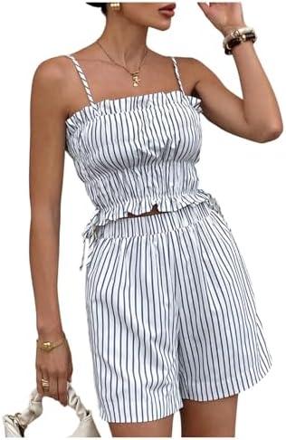 OYOANGLE Women's 2 Piece Summer Outfits Striped Ruffle Camisole Top and Elastic Waist Casual Shorts Sets Size M
