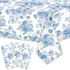 3 Pieces 54x108 Inch Blue White Floral Rectangle Plastic Tablecloth, Disposable Elegant Flower Design Table Cover for Wedding, Bridal Shower, Baby Shower, Birthday, and Garden Tea Party Decorations
