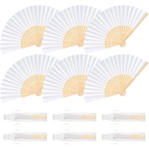 6 Pieces White Hand Held Bamboo Folding Fans Foldable Paper Fans Handheld for Women Girls Wedding DIY Decoration Church Home Party Favors Summer
