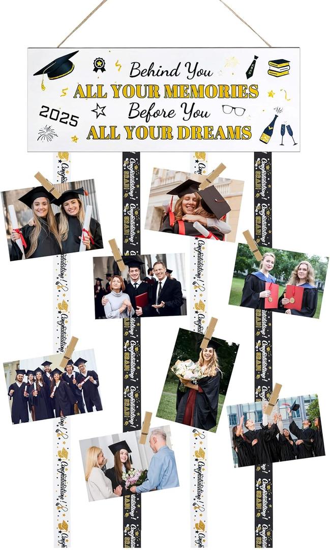 Graduation Gifts Wooden Hanging Picture Display, Behind You, All Your Memories-Congratulations High School College Graduation Motivational Display Stand with 20 Photo Clips, Going Away Gifts (White)