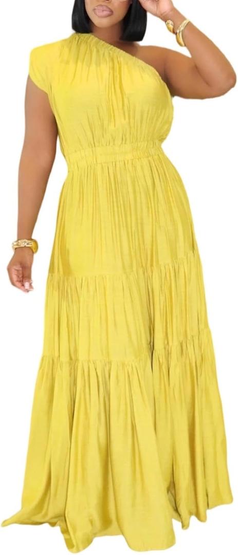 Lucuna Women's Linen One Shoulder Flowy Summer Boho Maxi Dresses (Yellow, L)