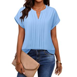 Gaharu Womens Dressy Tops and Blouses Short Sleeve Shirts Summer Casual Outfits Notch V Neck Professional Blouses Fitted Tops Light Blue S (Blue, S)