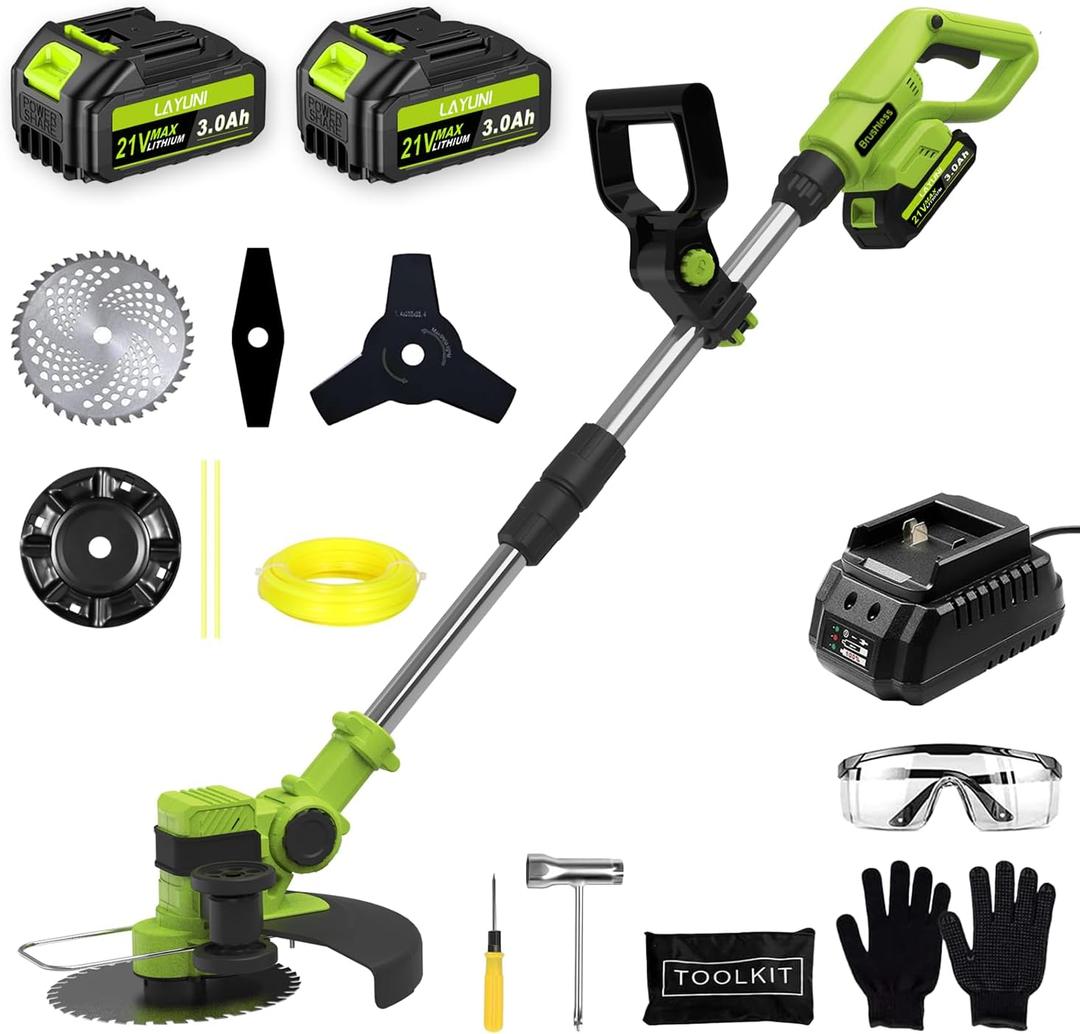 Brushless Weed Wacker Cordless, 21V Battery Powered Weed Eater with 2 x 3.0Ah Batteries & Fast Charger, 4-in-1 Grass Trimmer/Edger/Brush Cutter for Lawn & Garden