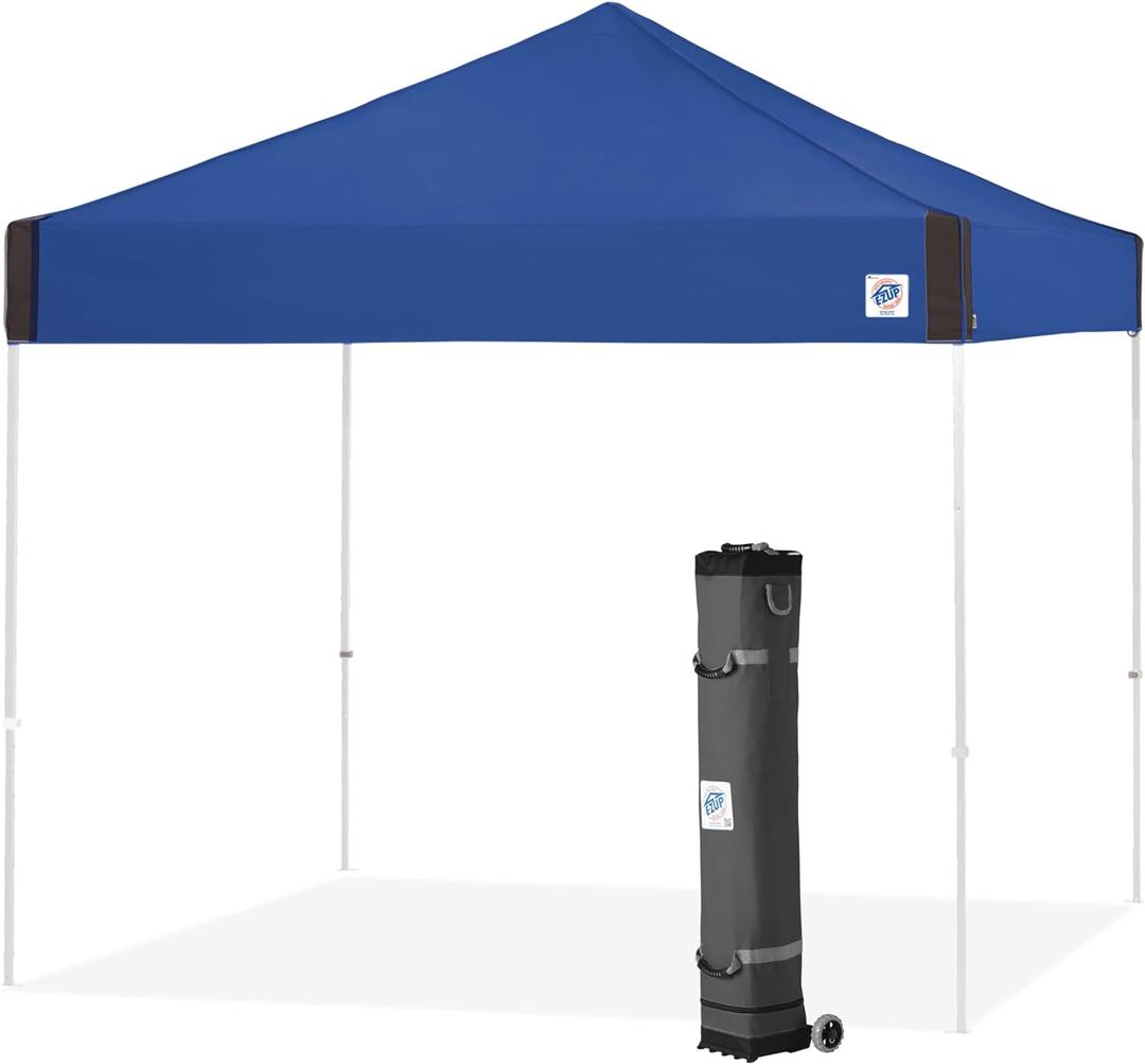 E-Z UP Pyramid Instant Shelter Canopy Pop Up Tent, 10' x 10' with Wide-Trax Roller Bag & 4 Piece Spike Set, Royal Blue