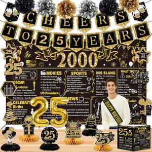 25th Birthday Decorations for Men Women,24PCS 2000 Banner Decorations,Including Banner,6 Honeycomb Topper,25 Balloons,Cheers to 25 Years Banner,7 Hanging Swirl,6 Paper Poms,Anniversary Card,Sash