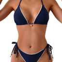 Women's Lace Trim High Waisted Bathing Suit Halter Triangle Summer Bikini Set (Navy Blue, XS)